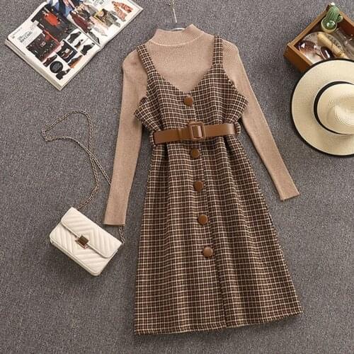 2020 Autumn Winter Woman Long Sleeves Knitted T-shirt + Woolen Blend Plaid Dress 2pcs sets Female Outfits