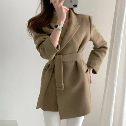 Snordic S-3XL Women Autumn Winter Wool Blazer Coat Jacket Belt Woolen Overcoat Cottton Liner Cardigan Outerwear