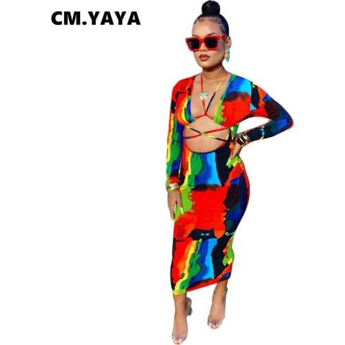 CM.YAYA Women Dress Print Full Sleeve V-neck Hollow Out Skinny Pencil Midi Dresses Sexy Fashion Vestidos Autumn Outfit 2021