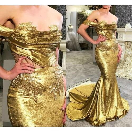 2020 Arabic Aso Ebi Gold Velvet Beaded Evening Dresses Off The Shoulder Mermaid Prom Dresses Custom Made Formal Party Gowns