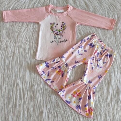 2020 wholesale RTS Lovely Pink Flower Toddler Girls Children Cow Long Sleeve Bell Bottoms Clothing Sets boutique kid outfits