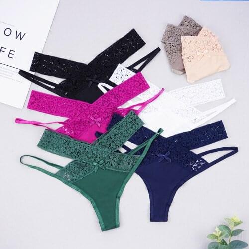 3 Pcs Women Sexy Lace Panties Floral Transparent Low-waist Underpant Cross Strap Bow Thong Female G-string Underwear Lingerie