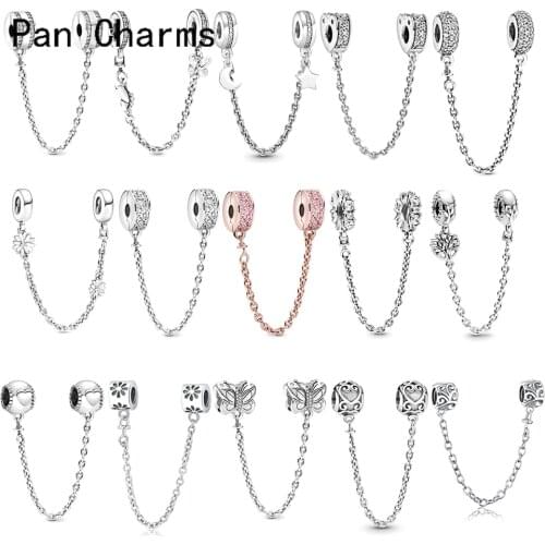 Silver 925 Color Sparkling Clear Sparkle Crystal Safety Chain Charm Bead Fit Original Pandora Bracelet Pendant Jewelry for Women