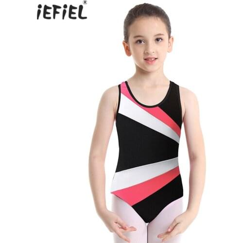 Kids Girls One-Piece Ballet Costume Sleeveless Color Block Flower Petal Shaped Back Ballet Gymnastics Leotard Jumpsuit Dancewear