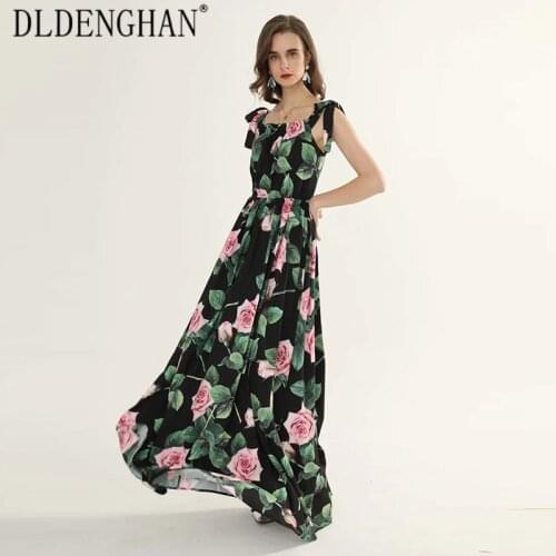 DLDENGHAN Fashion Rose Floral Print black Maxi Dress Womens Bow Spaghetti Strap Big Pendulum Party Dresses Custom 2XL-5XL