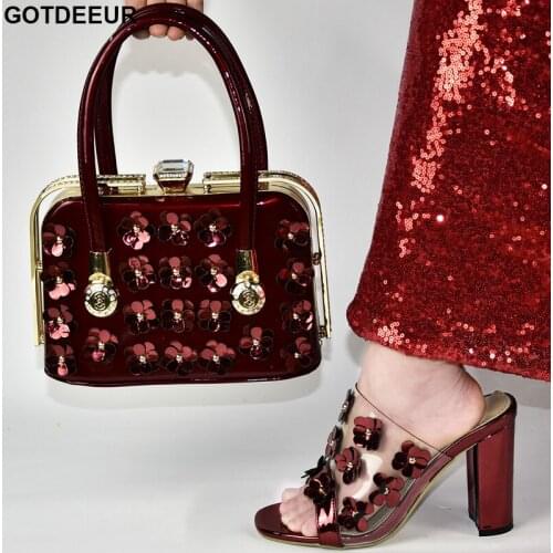 Slip-On Elegant Square Heel Sandales Femme 2020 Nigerian Shoes and Matching Bags African Ladies Shoes and Bags Metal Decoration