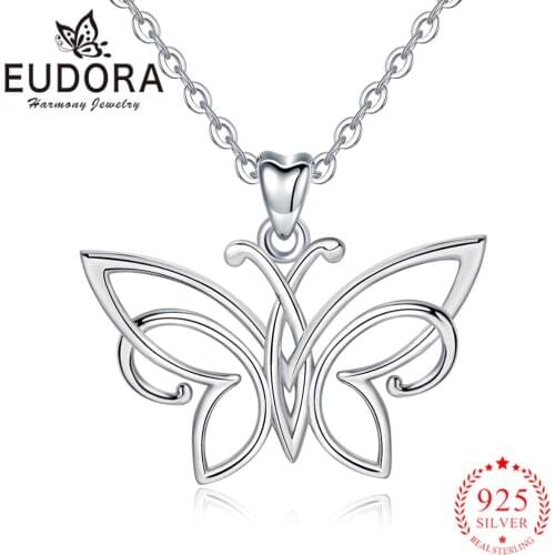 Eudora Butterfly Silver Pendant Necklace 925 Sterling Silver Choker Statement Necklace Women Jewelry Without Chain with box D495