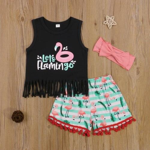 3pcs Kids Girls Clothes Sets 1-6Y Letter Printed Sleeveless Tassel Vest Tops Flamingos Shorts Headband Summer Outfits