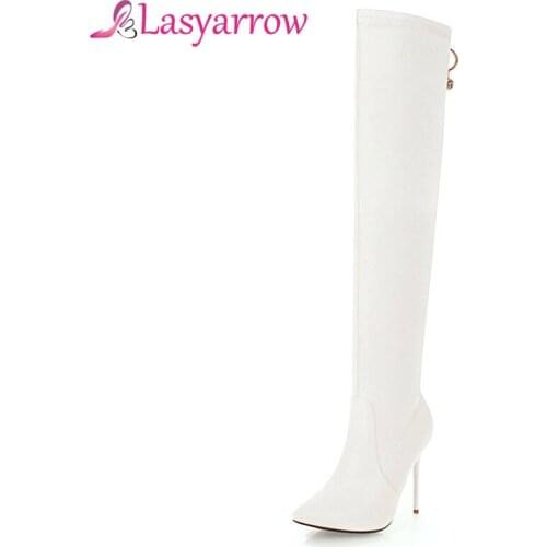 Lasyarrow Sexy Womens Autumn Winter Boots Black Over The Knee High Boots Thigh High Thin Stiletto Heel Boots Long Botas Mujer