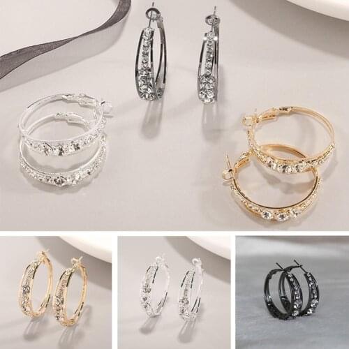Fashion Rhinestone Oversize Big Round Chain Hoop Earrings Gold Silver Black Color Exaggerated Geometric Earring Jewelry Gift