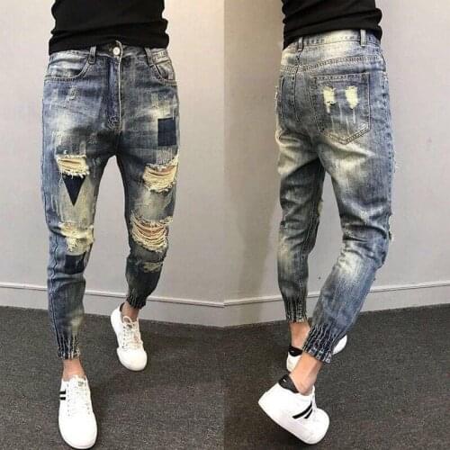 Jeans Pants Mens Trend Ripped Jeans Stretch Beam Harem Pants Social Guy Feet Pants Men Clothing Men Jeans Pants Streetwear