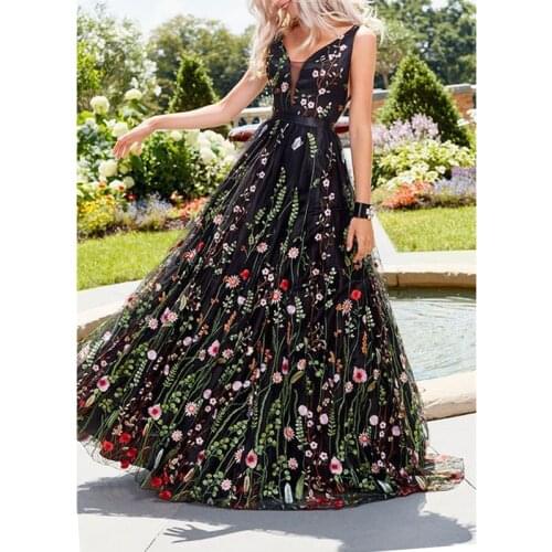 A-Line Long Gowns Women Maxi Party Dresses female vestidos Elegant Romantic Flower Dress Floor Length Evening Club Dress Ladies
