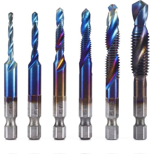 6PCS M3-M10 Screw Tap Drill Bits HSS Taps Woodworking Metric Combination Bit High Speed Steel Titanium 1/4" IN Quick Change Hex