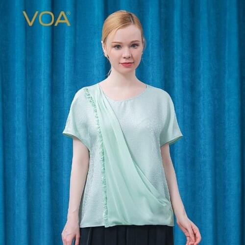 VOA Silk Jacquard Green Diagonal Collar Shoulder Short Sleeve Georgette Stereo Splicing Asymmetric Refreshing T-shirt BE636