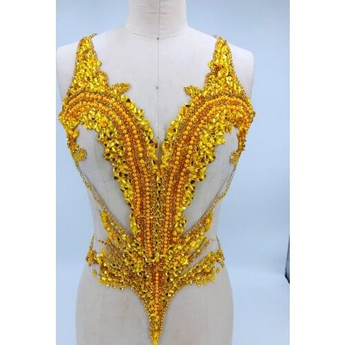 Hand made Sew on golden rhinestones applique on mesh trimming crystals patches 56*44cm