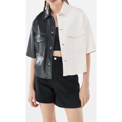 JUNWU Spring And Summer Womens Lapel Single-Breasted Short-Sleeved Leather Jacket Black And White Stitching Pocket Top Franch