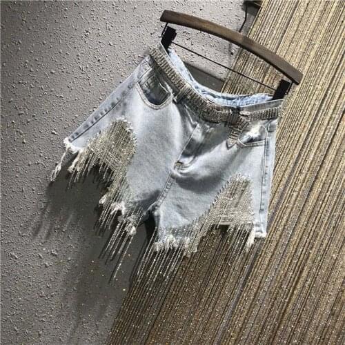 2021 Women Spring Summer Elegant Denim Hotpants Female Beading Tassle High Waist Wide Leg Shorts Ladies Casual Loose Shorts G355