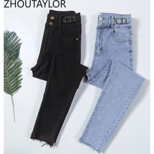 ZHOUTAYLOR Women Jeans Zippers Button Full Length High Waisted Flare Pants Female Office Lady Autumn New Sweet Trousers Femme