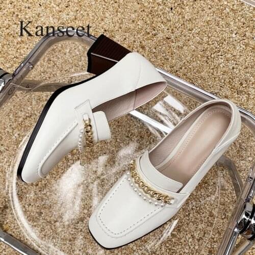 Kanseet Womens Pumps 2021 Autumn New Beige Genuine Leather Pearls Chain Decoration Handmade Party High Heels Shoes Big Size 41