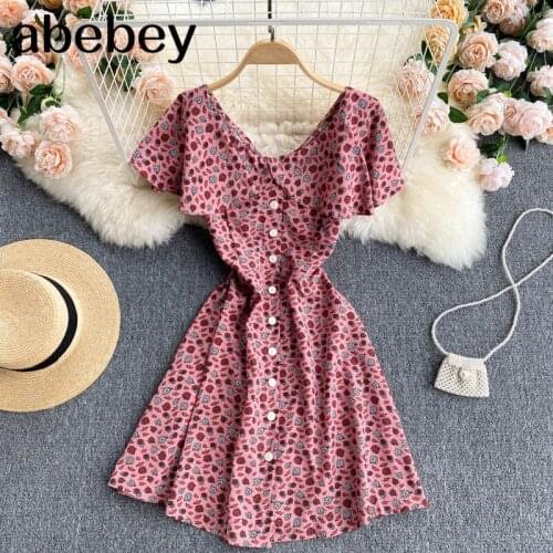 Women Korean Floral Wrap Dress V Neck Short Sleeve A-line Dresses Summer Bohemian Print Vacation Midi Dress