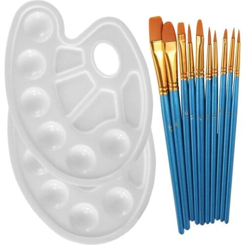 10Pieces Round Pointed Tip Nylon Hair Brush Set With 2 Piece Paint Tray Palette