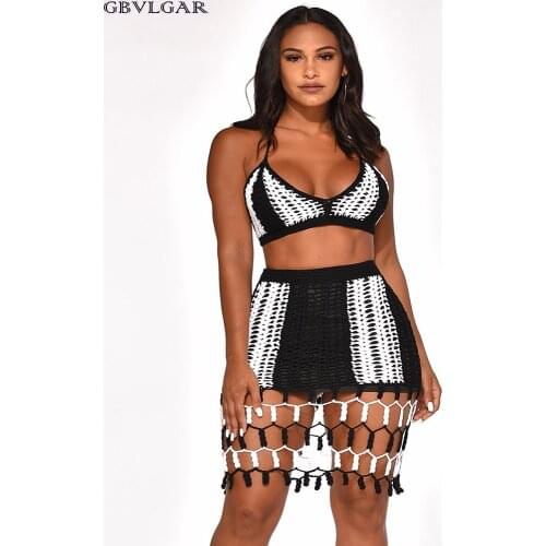 2020 Knitted Crochet Dress Beach Wear Women Two Piece Set Halter Crop Top and Skirt Set Sexy Hollow Out 2 Piece Beach Outfits
