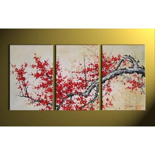 3 Pieces Large Modern Abstract Art Oil Painting Wall Decor canvas plum flower (No Frame)
