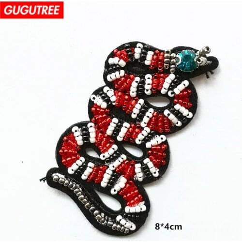 GUGUTREE beaded red snake patches,crystals diamonds Insects Sequined Applique Patch for Coat,T-Shirt,hat,bags,Sweater,backpack