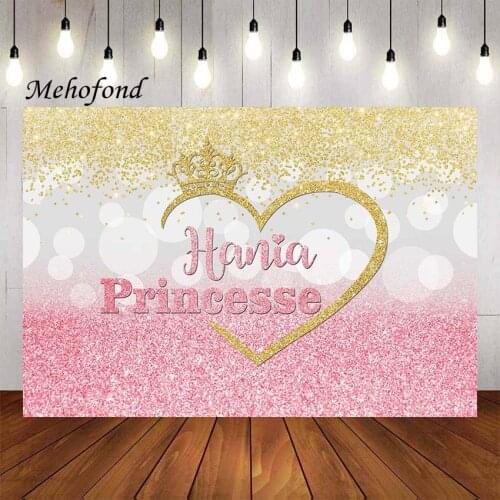 Mehofond Photography Background Little Princess Birthday Pink Golden Glitter Royal Crown Love Girl Backdrop Photo Studio Props