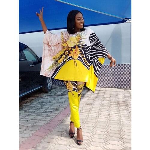 2 Piece Set Women African Clothes Dashiki Office Lady Fashion Africa Set (Top And Pants) Elastic Floral Print Party Femme Sets