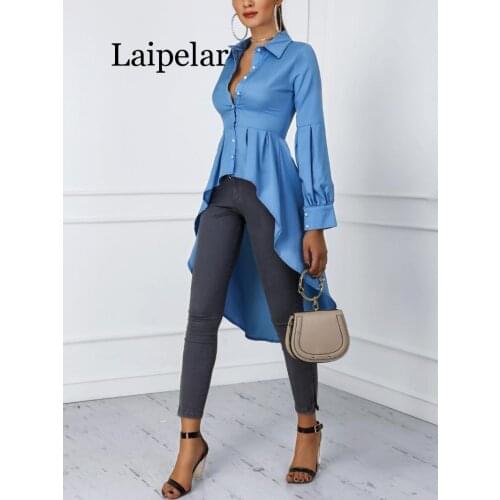 Laipelar 2019 Women Fashion Office Elegant Workwear Casual Shirt Ladies Top Lantern Sleeve Button Design Dip Hem Blouse