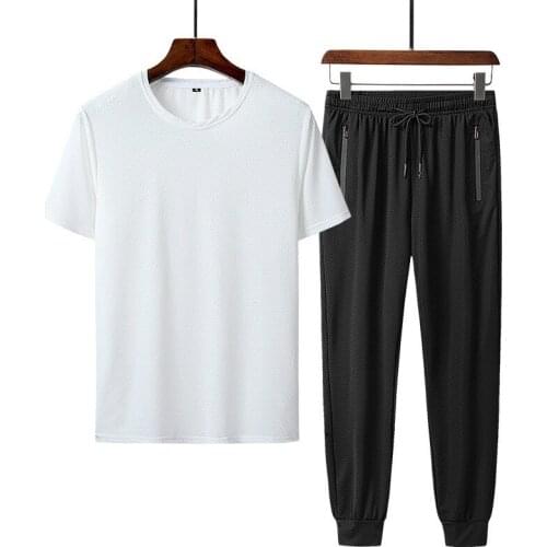 Ice silk short sleeve air conditioning trousers sports suit mens summer fast dry clothes leisure running two sets men sports