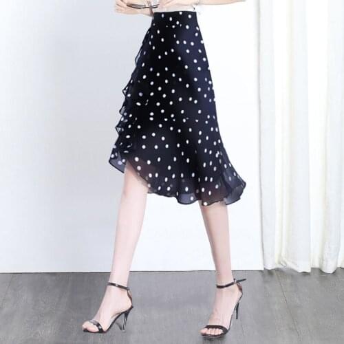 2021 Summer New Chiffon Polka-dot Skirt Female Mid-length Irregular High-waisted Thin Package Hip One-step Skirt Fishtail Skirt