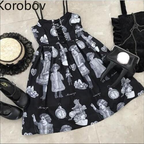 Korobov Women Dresses Summer New Chic Harajuku Character Print Spaghetti Strap Dress Dark Style Streetwear A-Line Vestidos