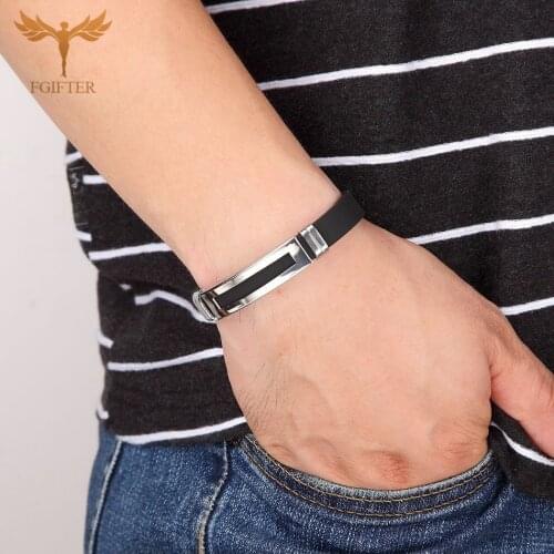 Casual Sports Mens Bracelet Fashion Geometric Rectangular Grooved Silicone Stainless Steel Buckle Charm Mens Wrist Jewelry