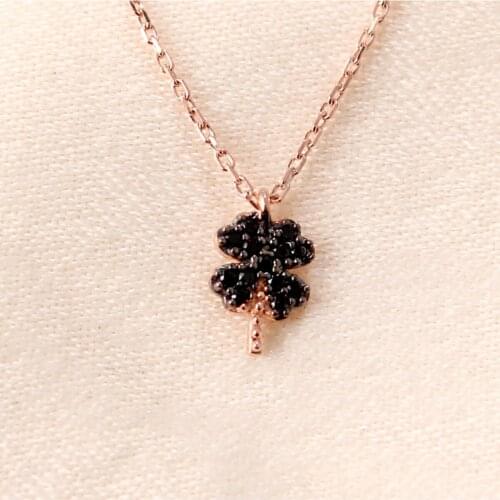 Black Zircon Silver Clover Necklace