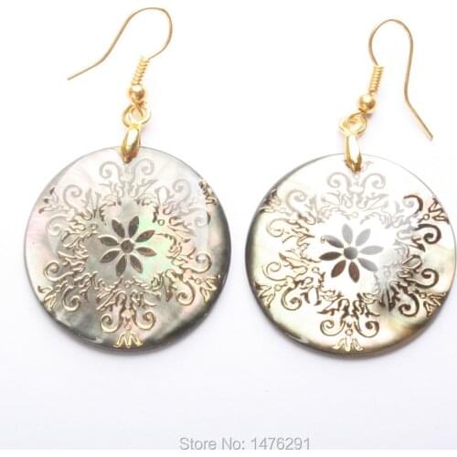 30x30MM Natural Abalone Shell Gold Foil Flowers Circular Dangle Earrings 1Pair For Women