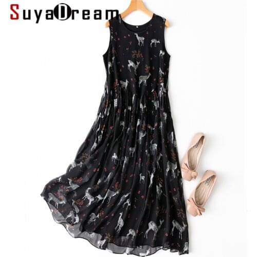 SuyaDream Woman Black Dress 100%Silk Georgette Printed Sleeveless A-line Long Dresses 2021 Summer Beach style Dresses