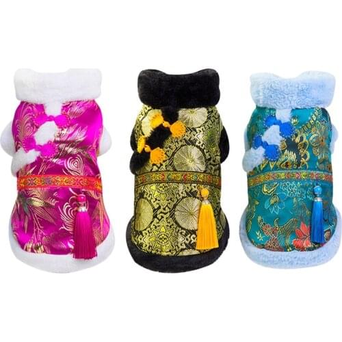 Dog Warm Coat Pet Clothes Dog Tang Costume Blessing Happy New Year Cheongsam Qipao Dresses Cat Clothes Warm Chihuahua Jacket