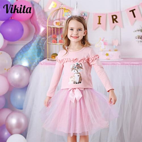 VIKITA Girls Clothing Sets Autumn Spring Baby Girls Clothes Outfit Fox Cartoon T-shirt and Tulle Skirt 2pcs Children Clothing
