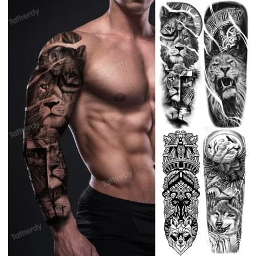 Lion Forest Temporary Tattoo For Men Women Boys Fake Monster Sleeve Tattoos Sticker Compass Black Water Transfer Tatoos Full Arm
