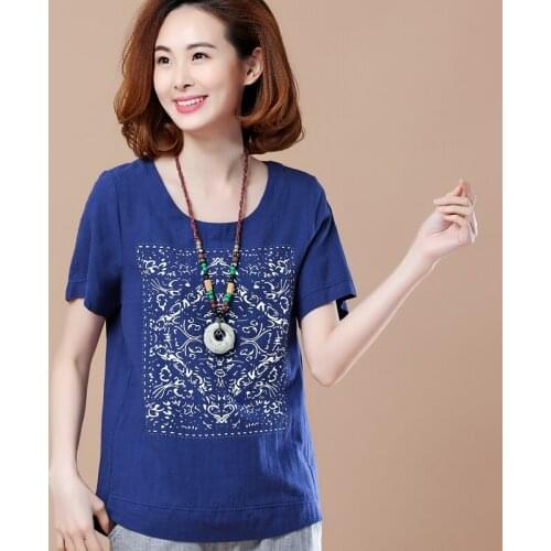 Printing cotton t-shirt female 2019 summer loose short-sleeved simple cotton round neck large size womens clothing