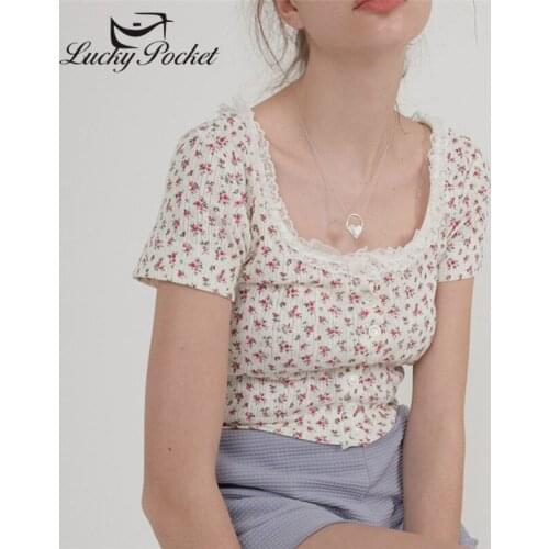 Women Summer White Slim Square Collar Floral Print Lace Short T-shirt Ladies Sweet Crop Tees Female Fashion Casual Tops ZM174