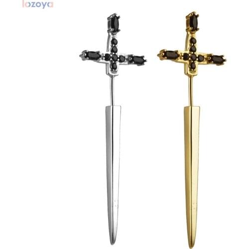 LOZOYA 925 Sterling Silver Slay Black Crystal CZ Luxury 2021 Gold Gagger Single Long Earring France Women Fashion Jewelry