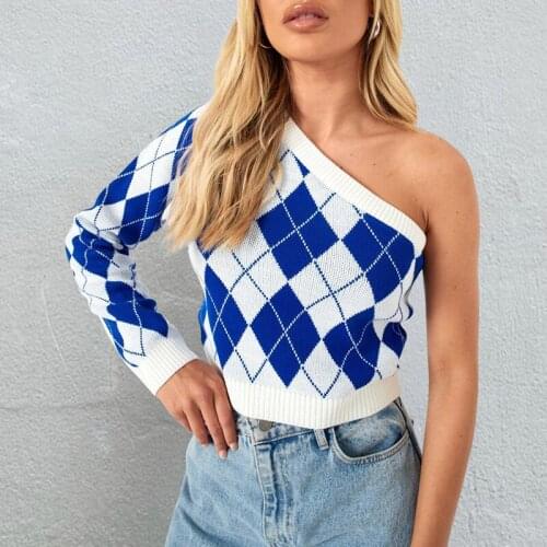 Women Autumn Winter Sweaters Fashion One Shoulder Long Sleeve Plaid Pullover Knitwear Female New Sexy Slim Streetwear