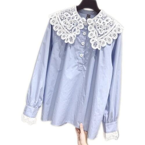 Long Sleeve Women Spring Shirts 2019 New Autumn Women Lace Blouse Sweet Peter Pan Collar Loose Tops Female Casual Blouses Q1200