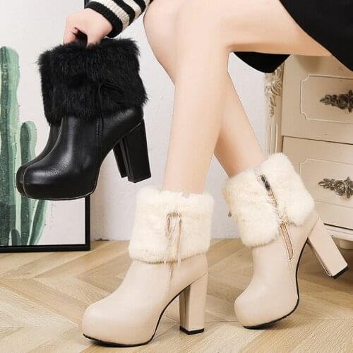 Winter fashion new boots square heel ankle boots simple short boots high heel zipper plush solid color plus size women boots 42
