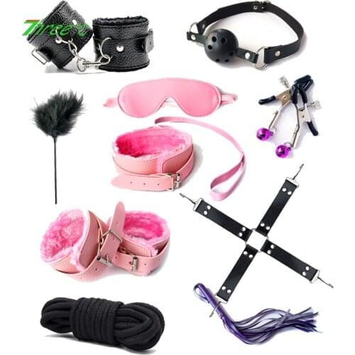 Adult SM Products Leather Plush 10pcs Set Handcuffs Nipple Clamps Whip Rope Sex Toys Couples Cosplay Kits Sex Tools For Bondage