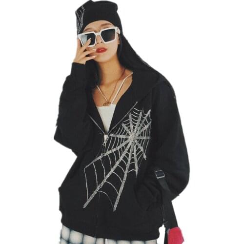 2021 Autumn Gothic Punk Women Rhinestone Spiderweb Diamonds Hoodies Couple Matching Oversized Casual Zip-Up Hooded Sweatshirt