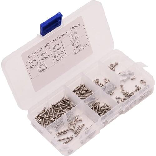 230pcs M2 Hex Socket Screws Stainless Steel Hex Socket Button Head Screw Bolts Nuts Assortment Kit Fastener Accessories